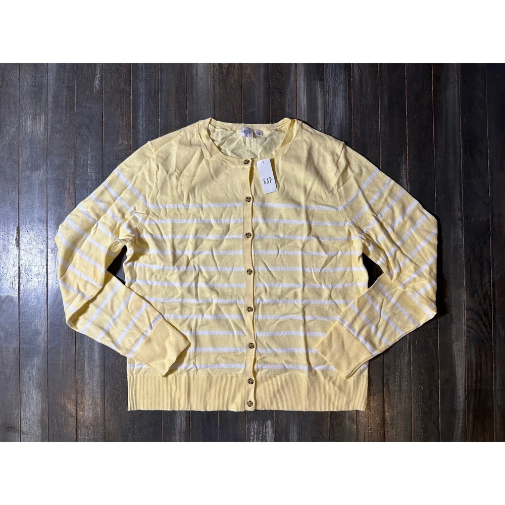 Gap Womens Yellow‎ White Striped Button Front Crew Neck Cardigan Sweater